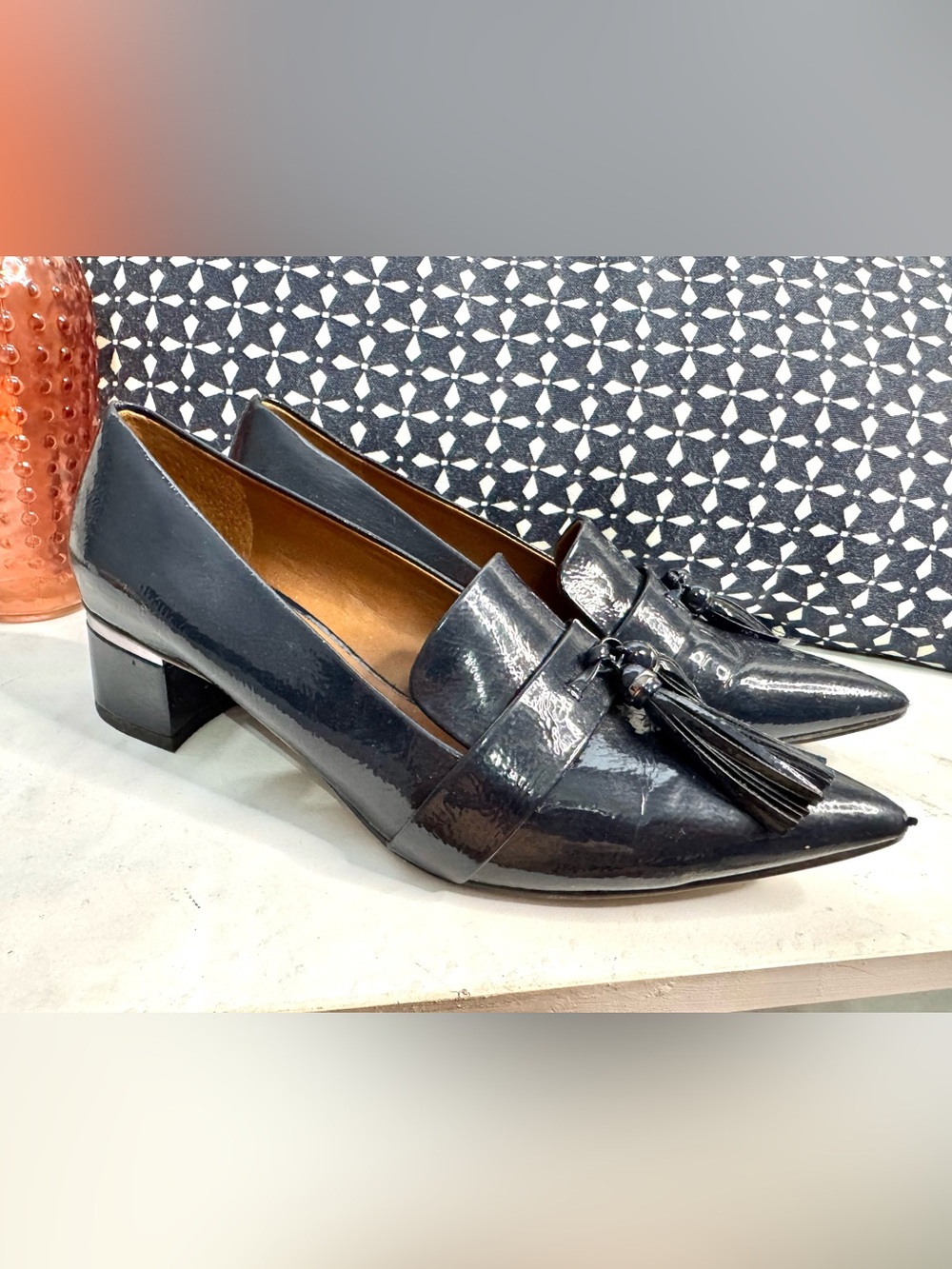 Franco Sarto patent navy heeled loafers